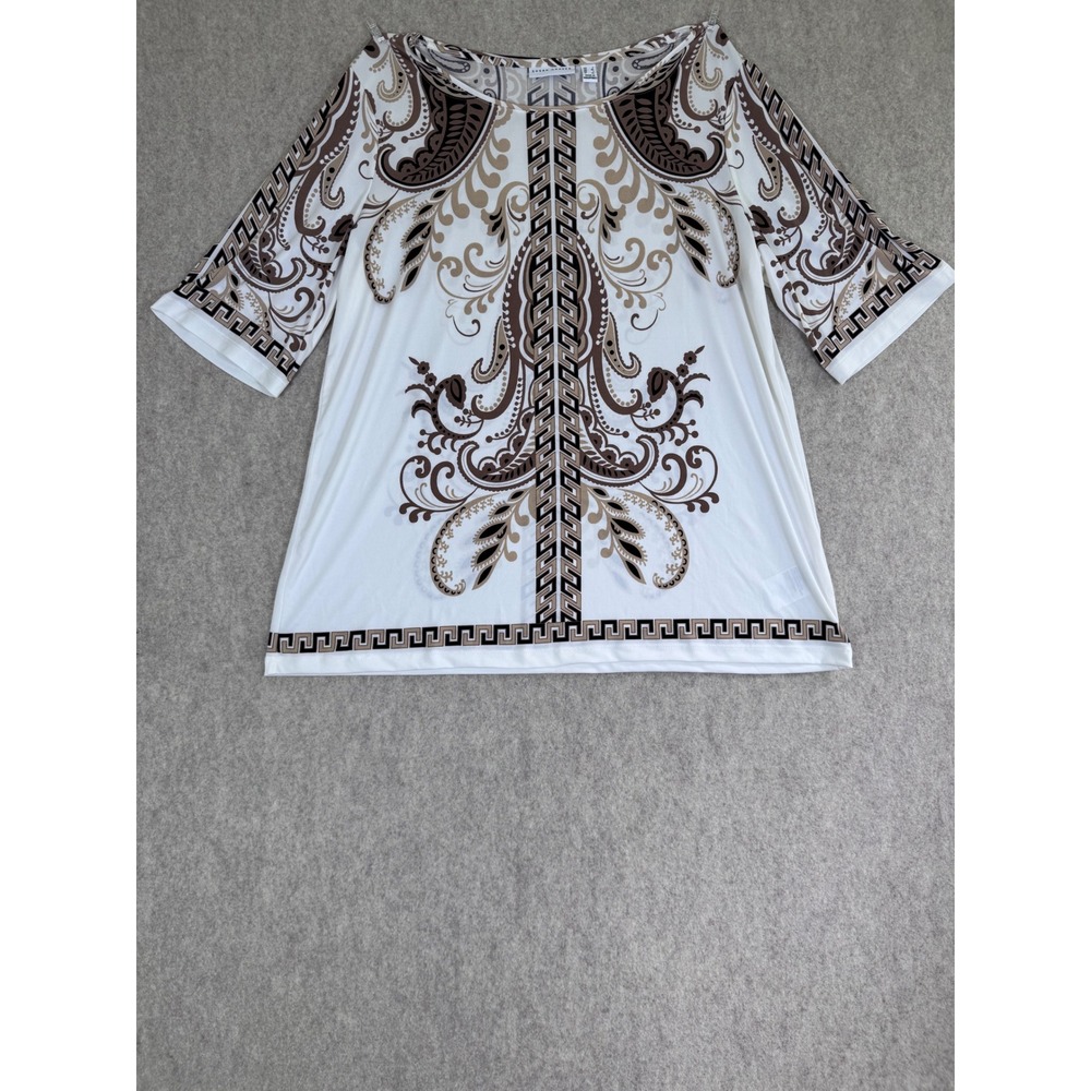 k152. Susan Graver QVC Liquid Knit Paisley Boho Border Print Top  Elbow Sleeve L